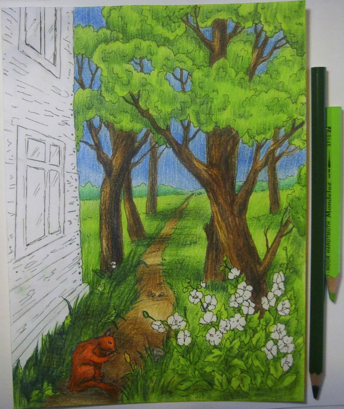 Весенний пейзаж рисунок карандашом для начинающих легкий