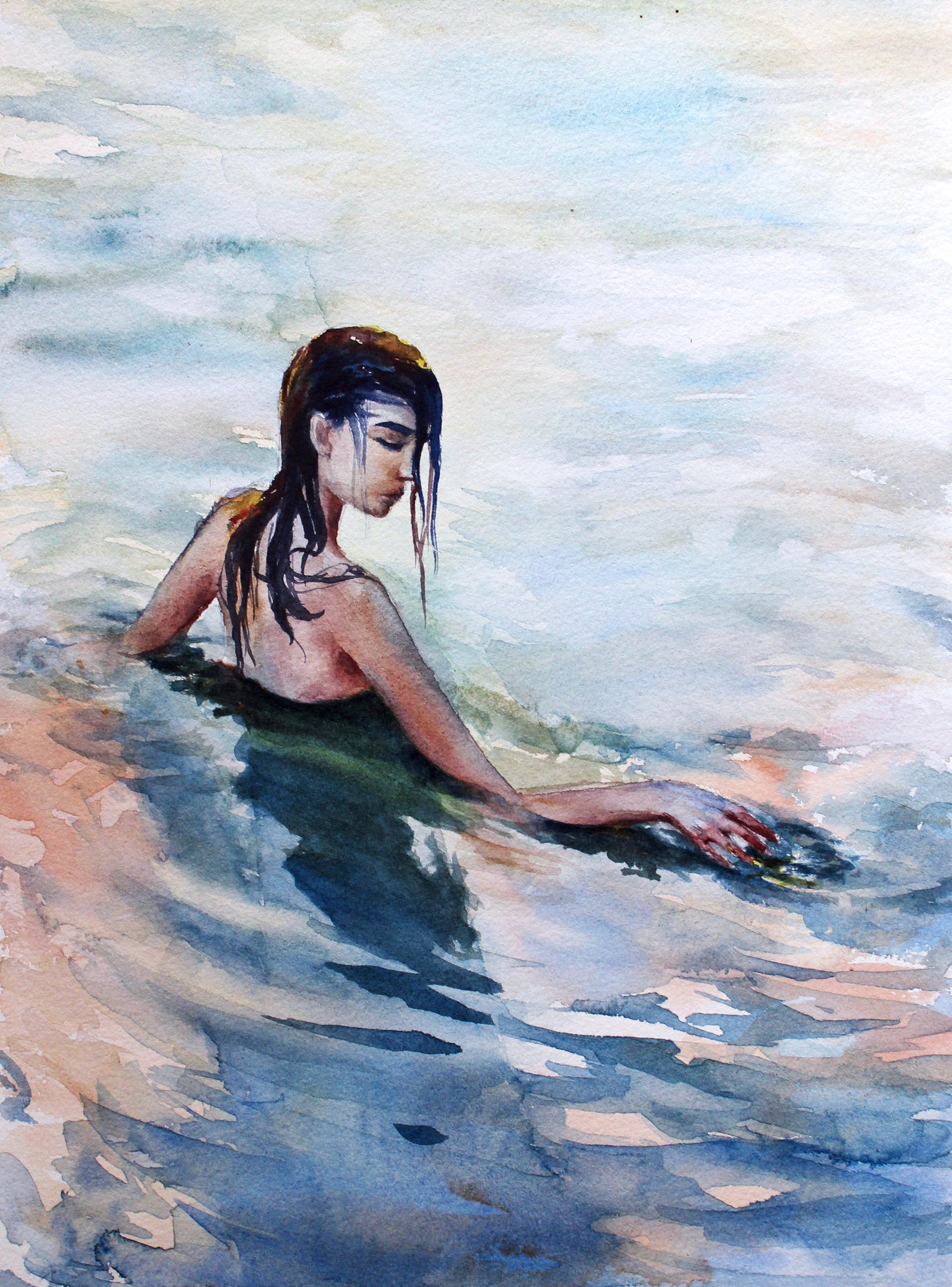 Девушка в воде акварель