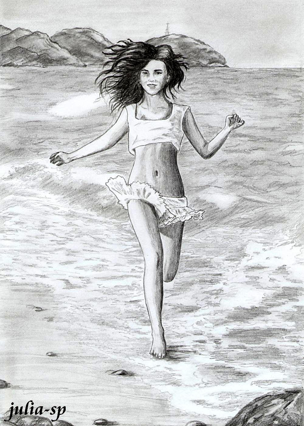 Эскиз карандашом девушки на пляже