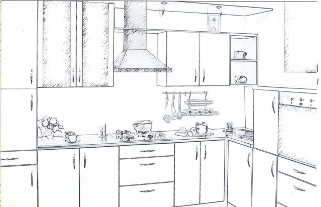 Рисунок угловой кухни карандашом