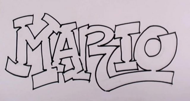 kak narisovat slovo Mario v stile graffiti karandashom pojetapno 3