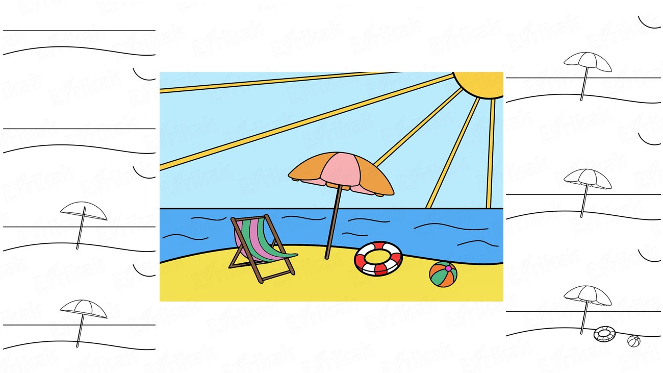 Пляж рисунок для детей карандашом