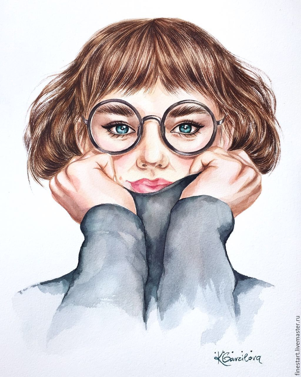 Портрет акварелью девушка в очках