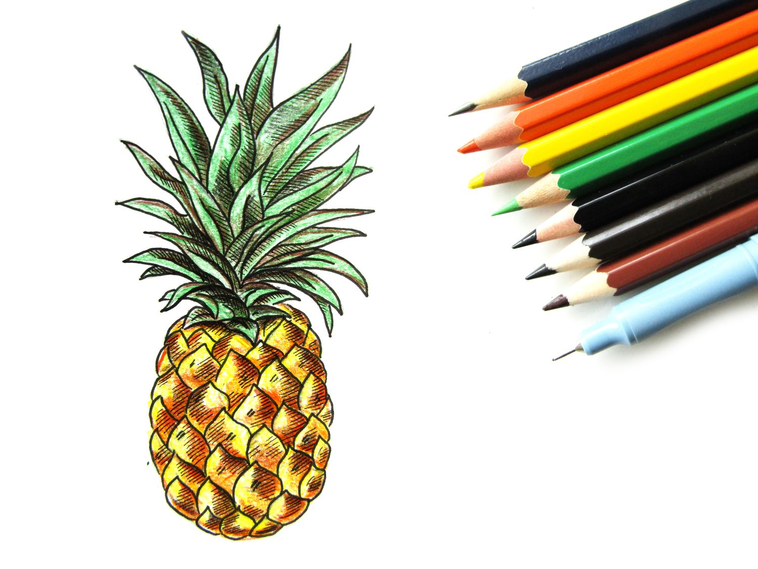 Нарисовать ананас цветными карандашами