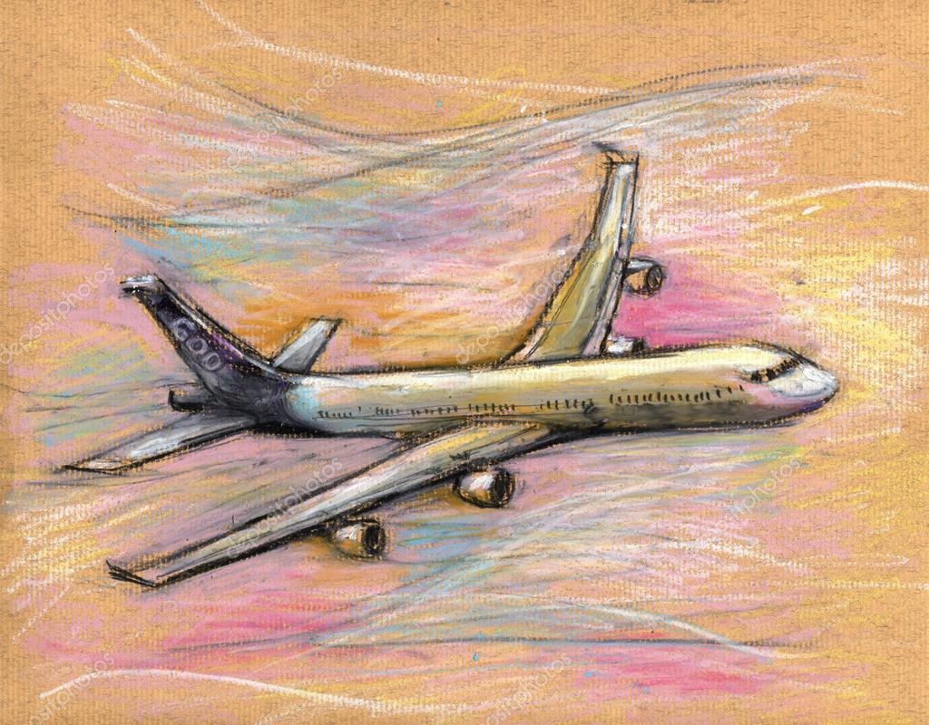 Самолет цветными карандашами