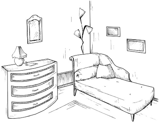 Перспектива комнаты с мебелью поэтапно