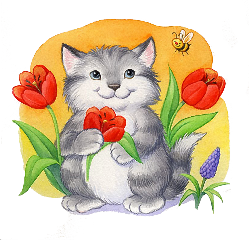 Какие нибудь открыточки. Зверюшки с цветами. Цветы и котик открытка. Котенок с цветочком. Открытка спасибо с котиком.