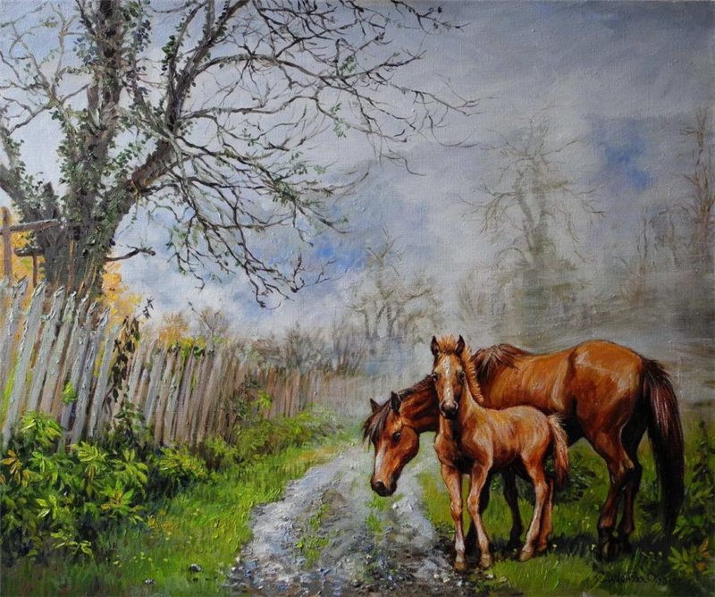 Пейзаж с лошадьми. Лошади в живописи. Сельский пейзаж живопись.